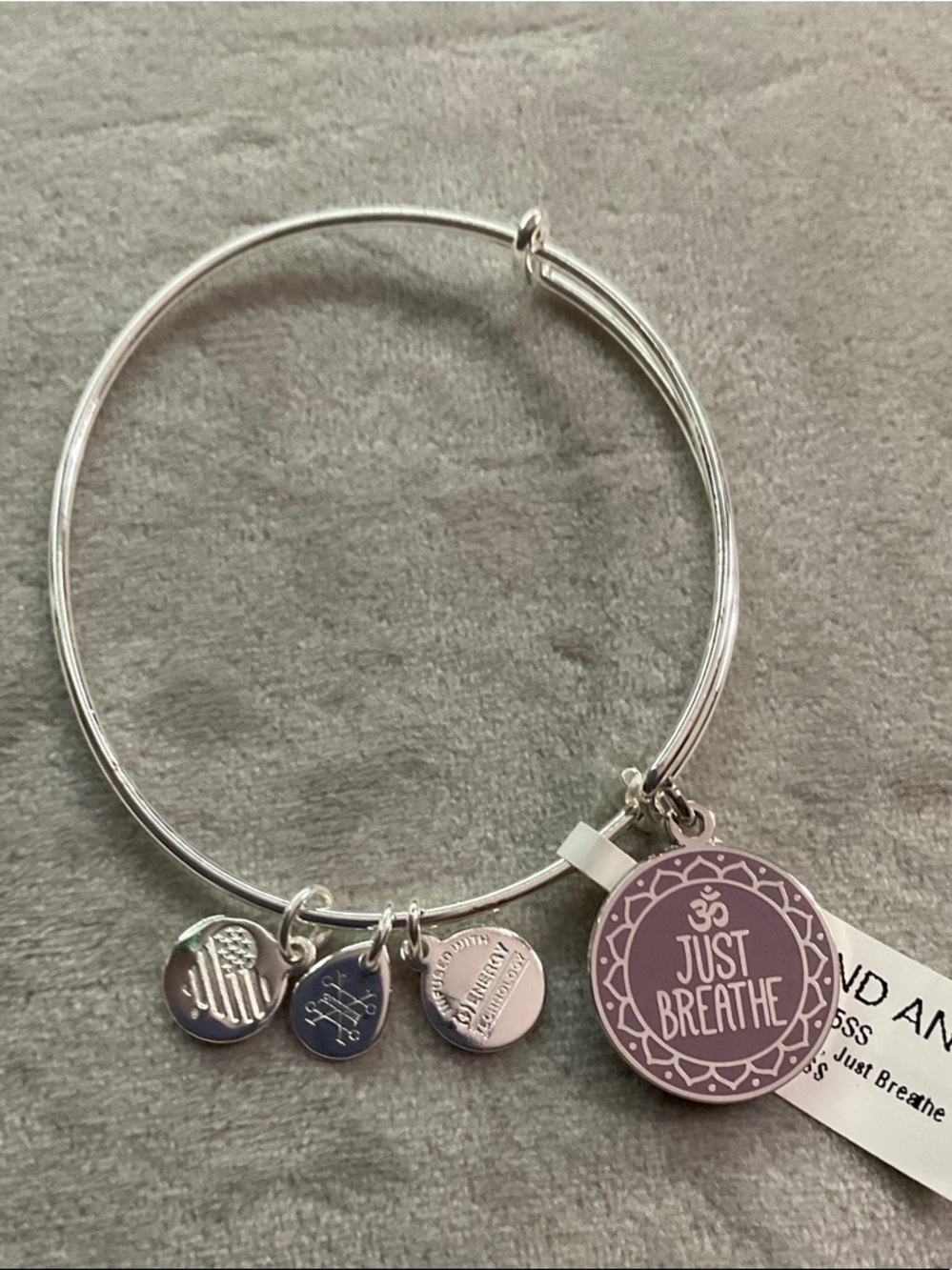 Alex and Ani Silver Bangle Bracelet with Purple "Just Breathe" Charm